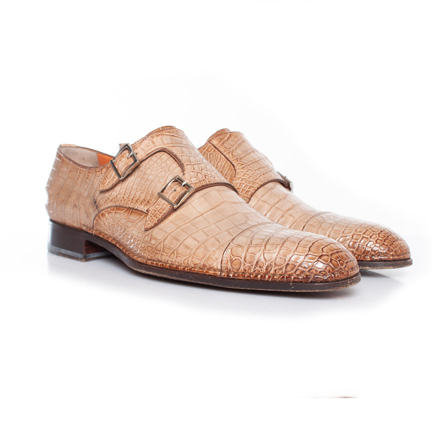 Santoni Double monk strap shoe in brown alligator